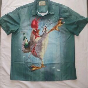 Mens Rayaura Hawaiian Shirt Short Sleeve Lg Button Down Rooster Print Rayon Blue